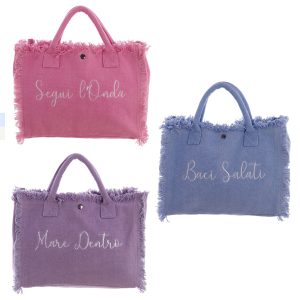 BLANC MARICLO’ Borsa in tessuto con frange assortita – 35 x 14 x 25 cm