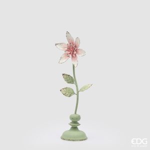 EDG Decorazione in metallo con base in legno e fiore bianco e rosa – ⌀ 10 x h 38 cm